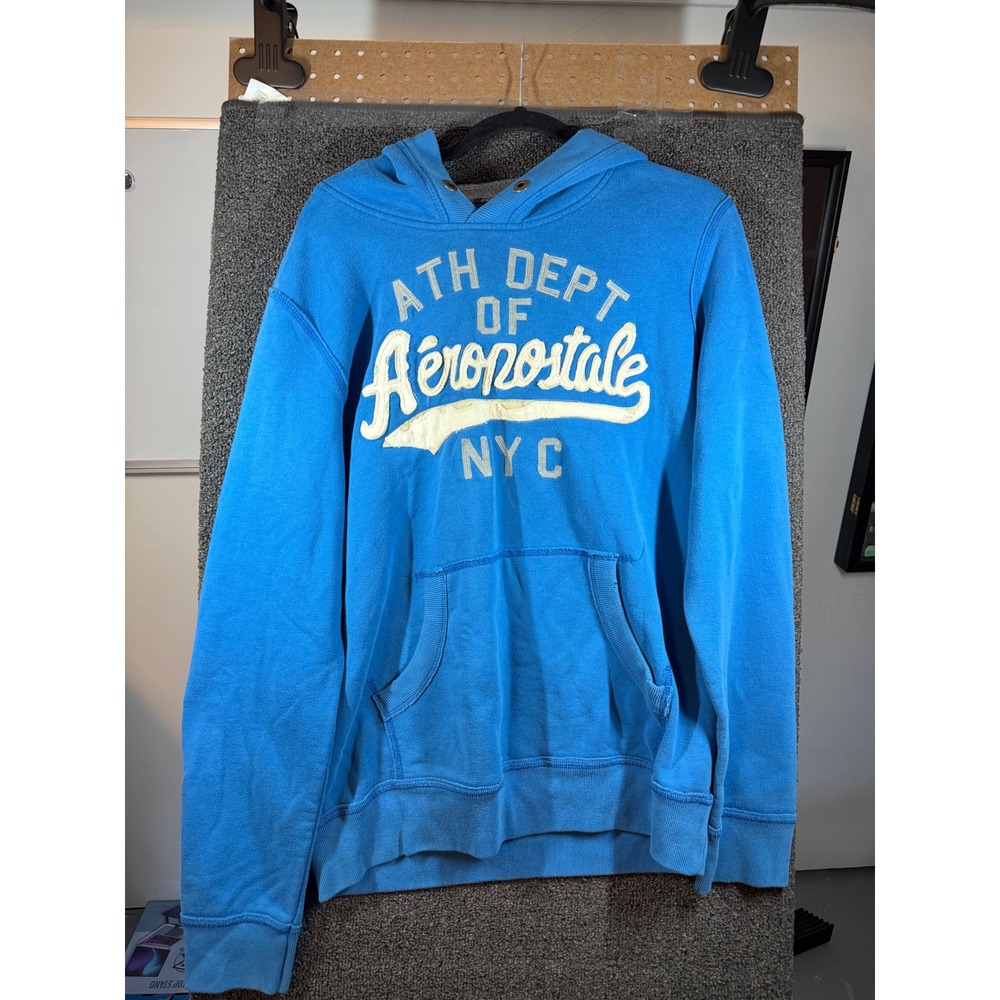 Aeropostale Hoodie Mens L Blue Ath Dept NYC Pullover Sweatshirt 87 Patch